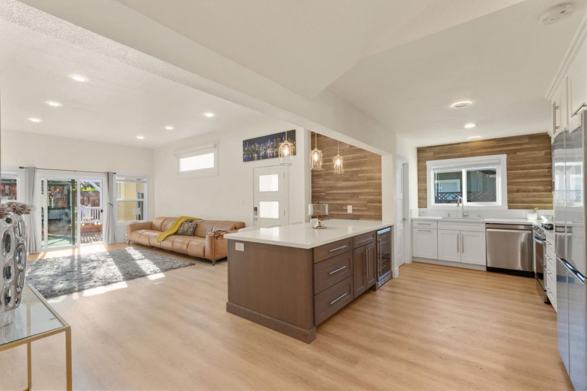 Interior, Kitchen, Living room, Recessed Lighting, Stainless Steel Appliances, Wood Texture Flooring