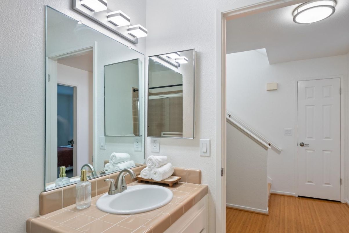 Bathroom, Interior, Tile Countertops, Wood Texture Flooring