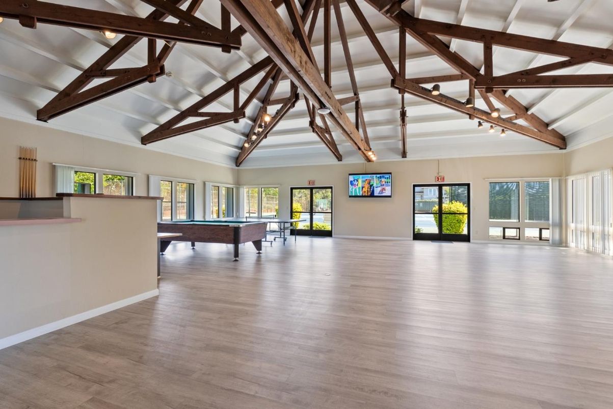 Billiard Table, Game Room, Interior, Pendant Lights, Wooden Beams, Wood Texture Flooring