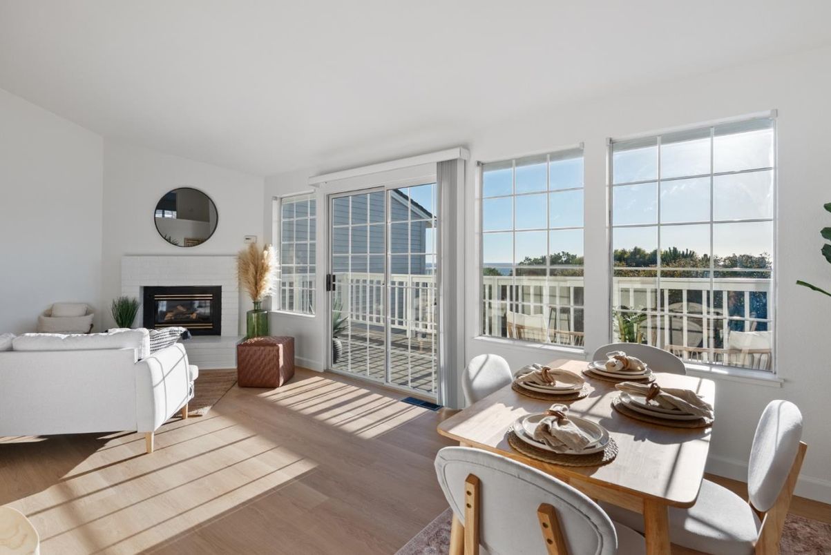 Dining room, Fireplace, Interior, Living room, Water, Wood Texture Flooring