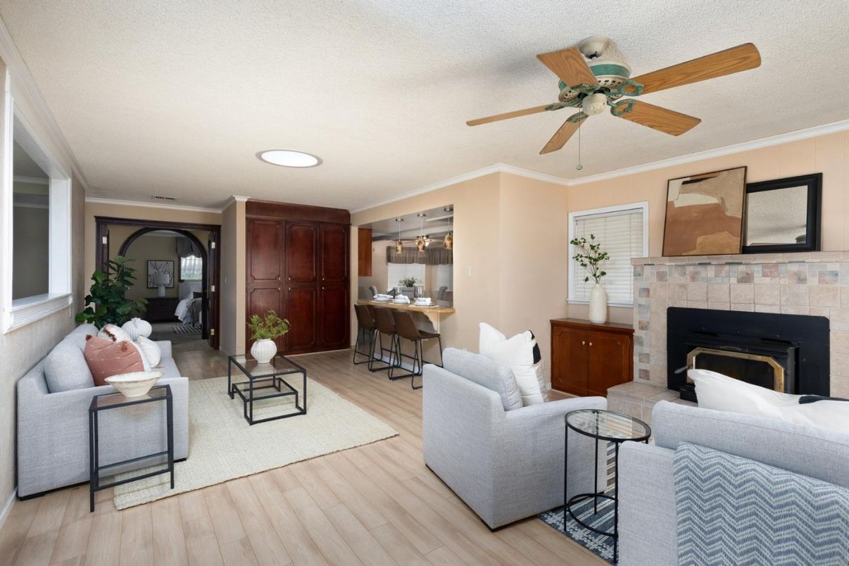 Fireplace, Interior, Living room, Recessed Lighting, Wood Texture Flooring