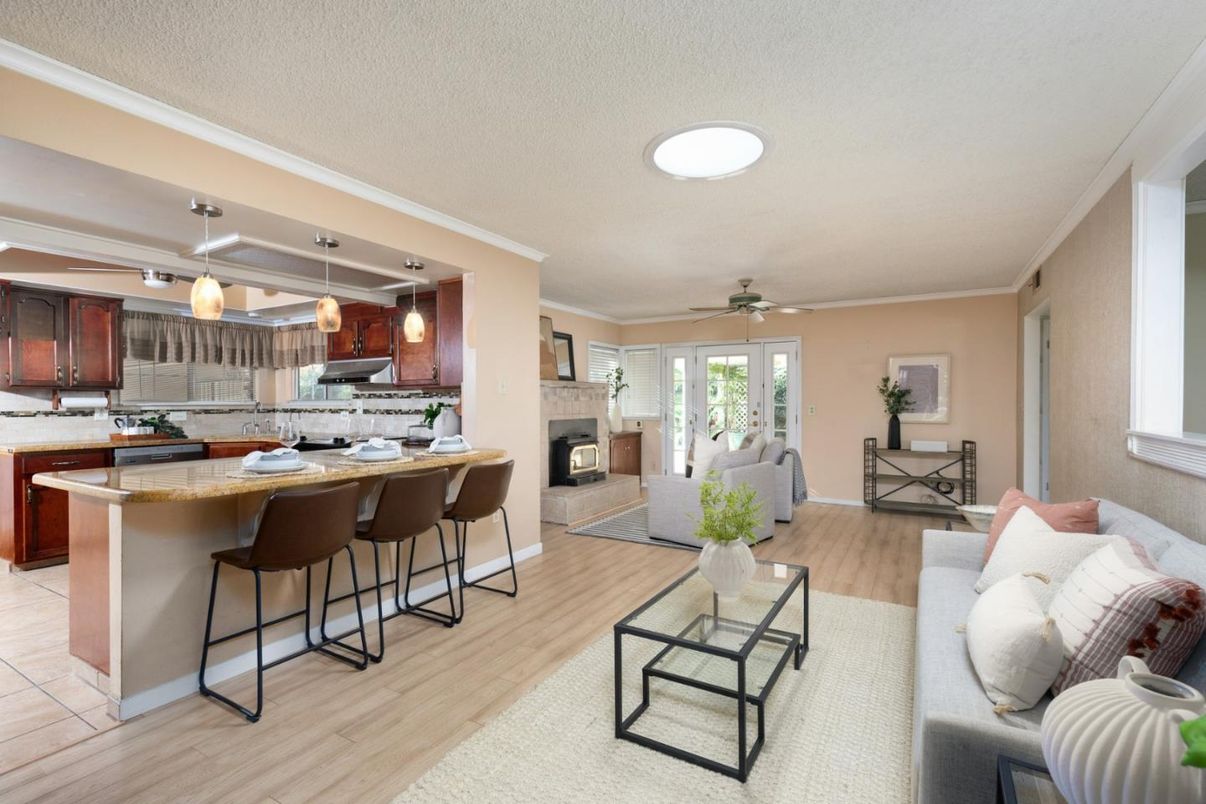 Fireplace, Interior, Kitchen, Living room, Pendant Lights, Wood Texture Flooring