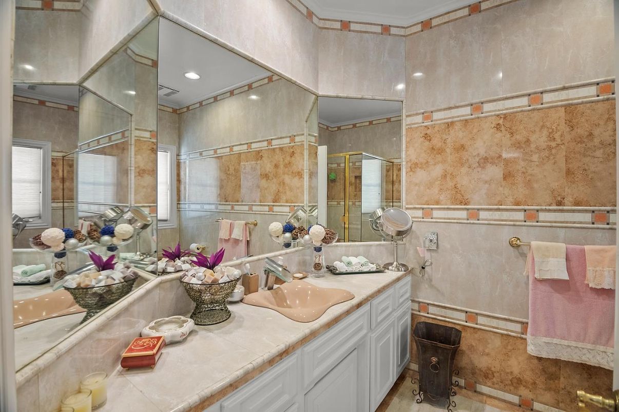 Bathroom, Dual Sink Vanities, Glass Shower, Interior, Recessed Lighting, Tile Countertops