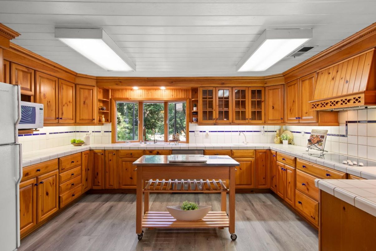 Interior, Kitchen, Tile Countertops, Wood Texture Flooring