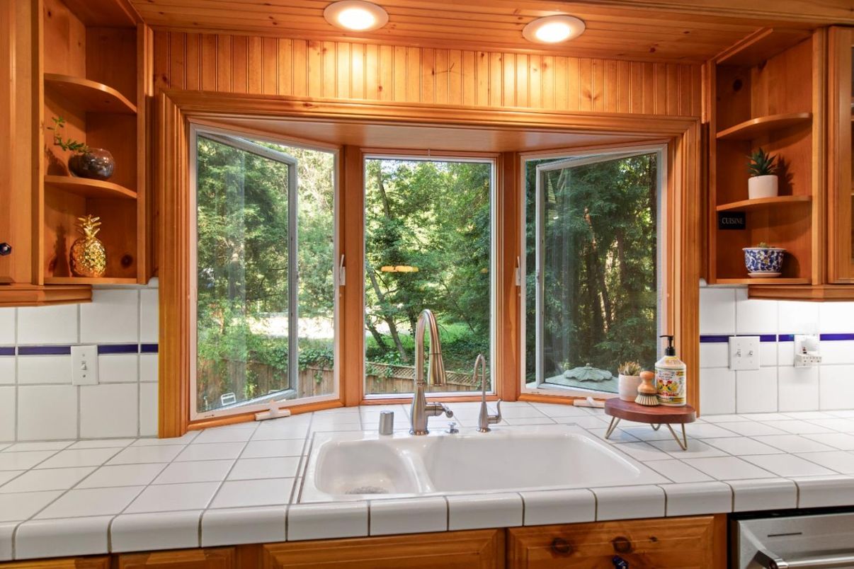 Interior, Kitchen, Recessed Lighting, Tile Countertops, Wooden Ceilings, Wooden Walls