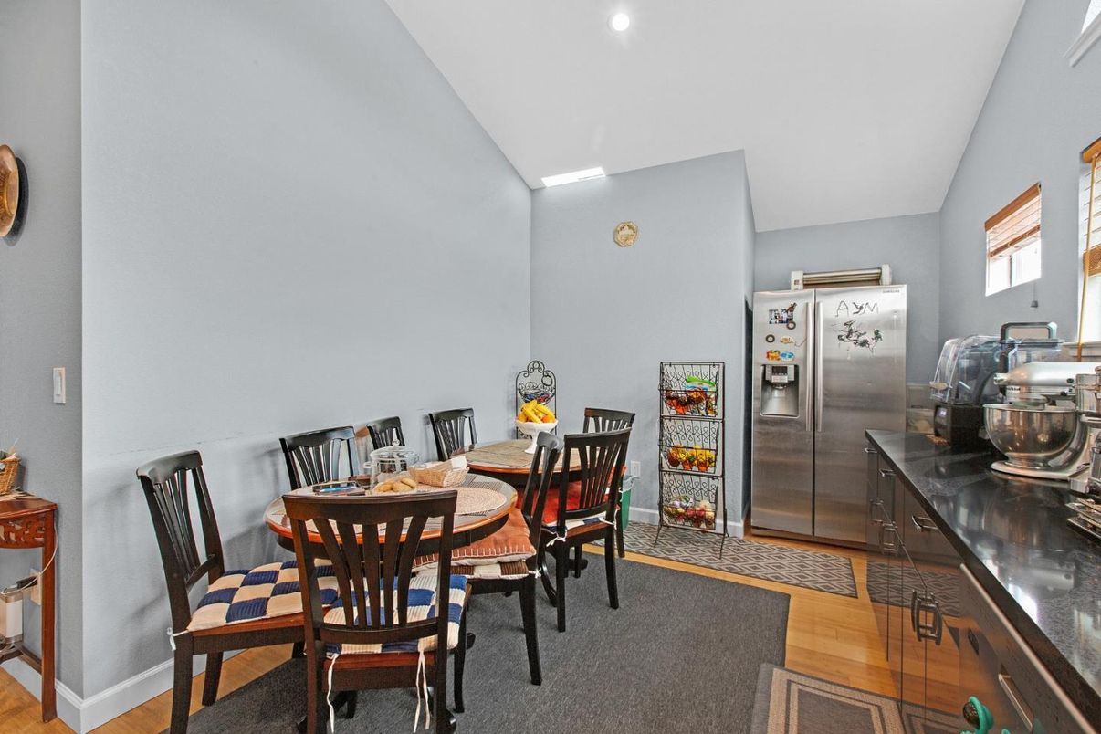 Dining room, Interior, Kitchen, Recessed Lighting, Stainless Steel Appliances, Wood Texture Flooring