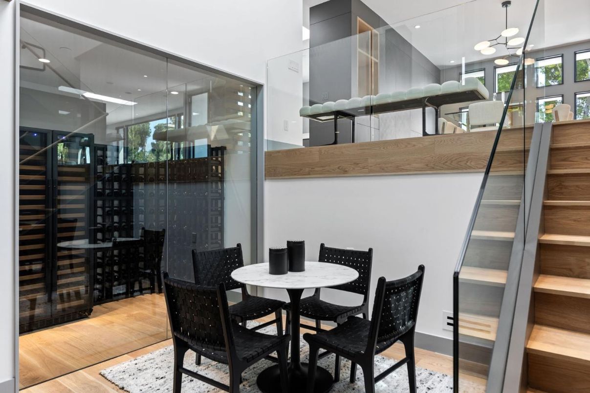 Dining room, Interior, Pendant Lights, Wine Storage, Wood Texture Flooring