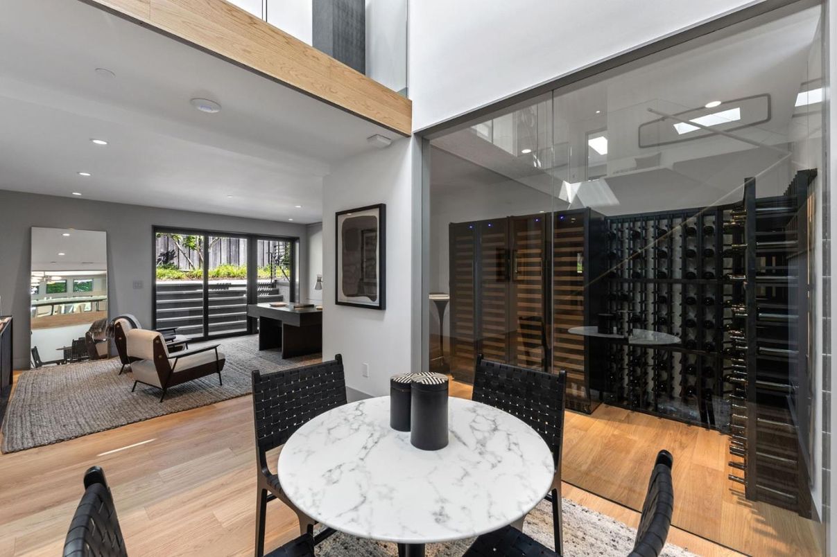 Dining room, Interior, Living room, Recessed Lighting, Wine Storage, Wood Texture Flooring