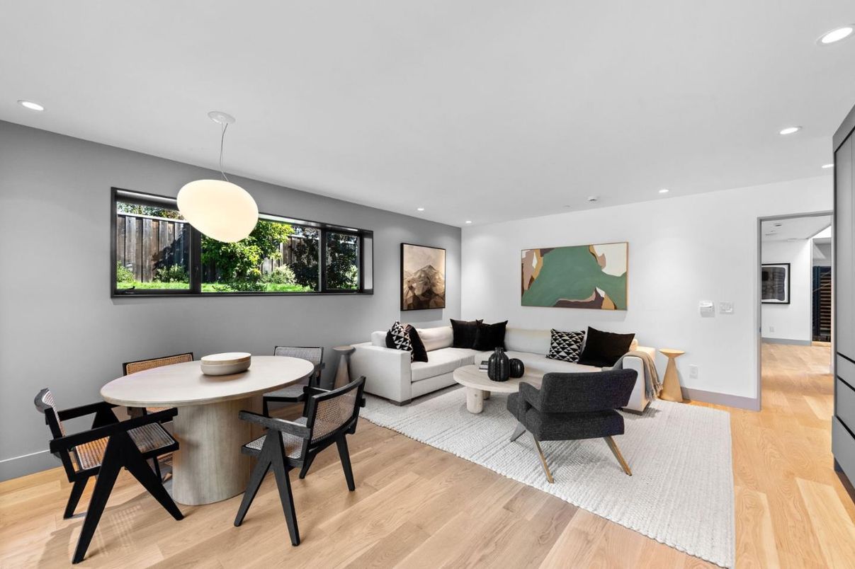 Dining room, Interior, Living room, Pendant Lights, Recessed Lighting, Wood Texture Flooring