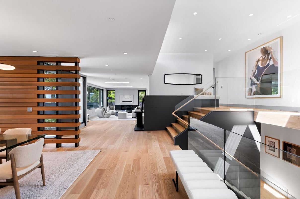 Interior, Living room, Recessed Lighting, Wood Texture Flooring, Wooden Walls