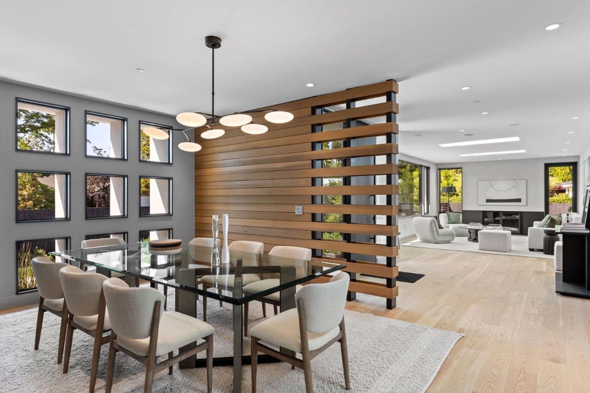 Dining room, Fireplace, Interior, Living room, Pendant Lights, Recessed Lighting, Wood Texture Flooring, Wooden Walls