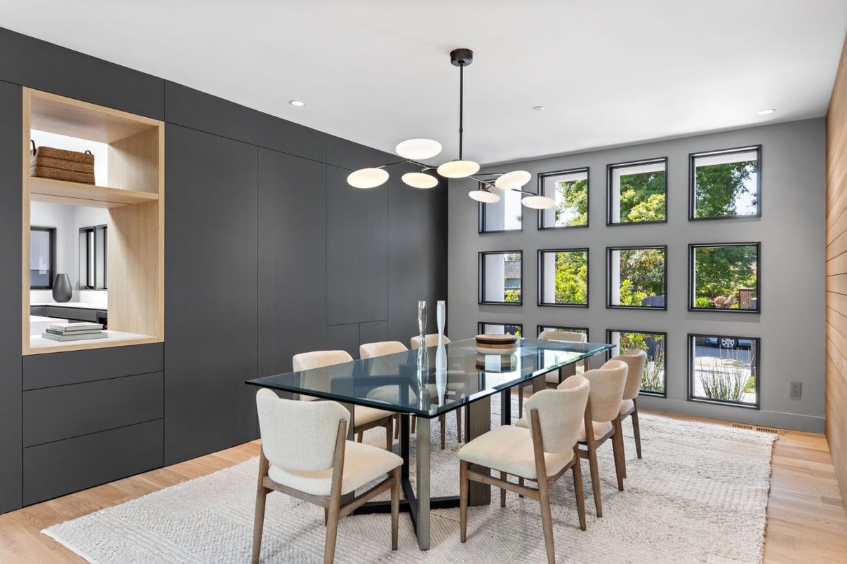 Dining room, Interior, Pendant Lights, Recessed Lighting, Wood Texture Flooring