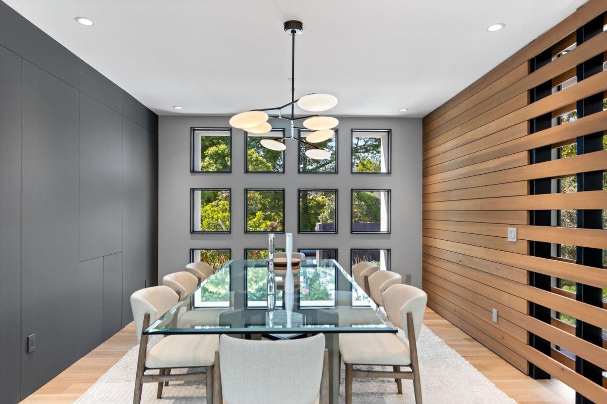 Dining room, Interior, Pendant Lights, Recessed Lighting, Wood Texture Flooring, Wooden Walls