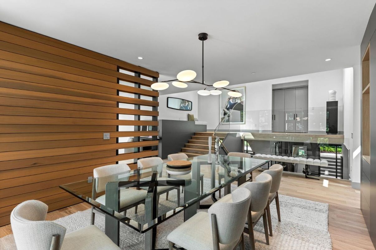 Dining room, Interior, Pendant Lights, Recessed Lighting, Wood Texture Flooring, Wooden Walls