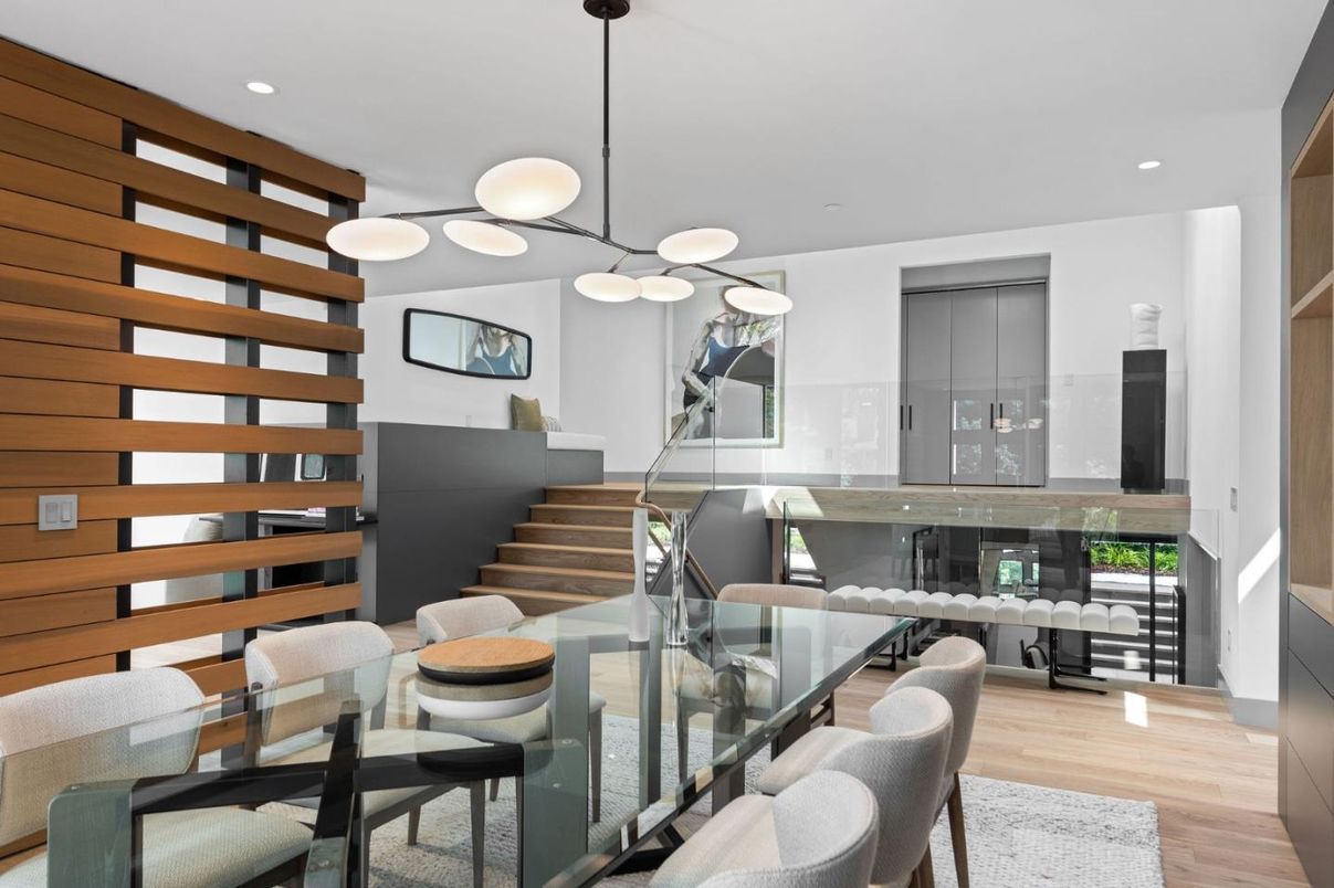 Dining room, Interior, Pendant Lights, Recessed Lighting, Wood Texture Flooring