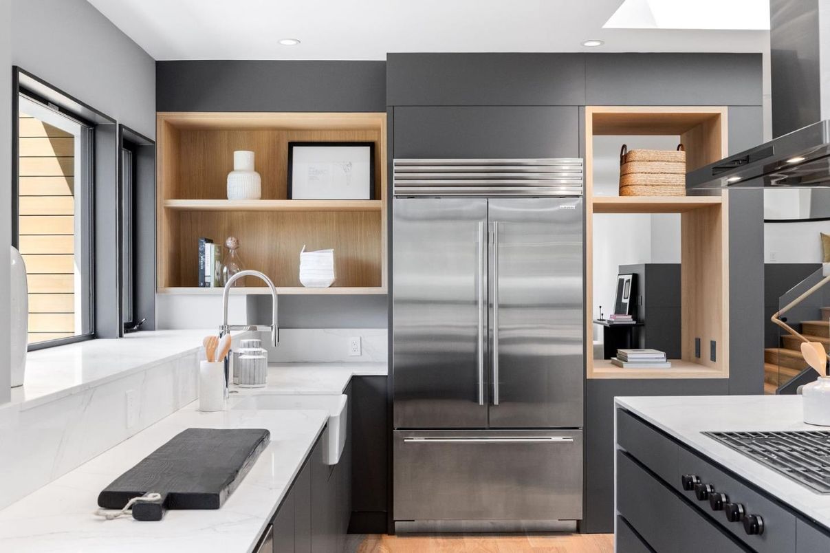 Interior, Kitchen, Recessed Lighting, Stainless Steel Appliances, Wood Texture Flooring