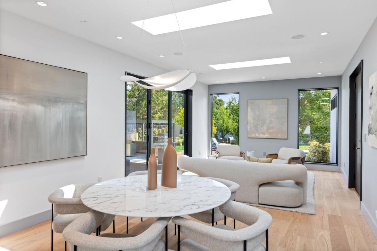 Dining room, Interior, Living room, Recessed Lighting, Wood Texture Flooring