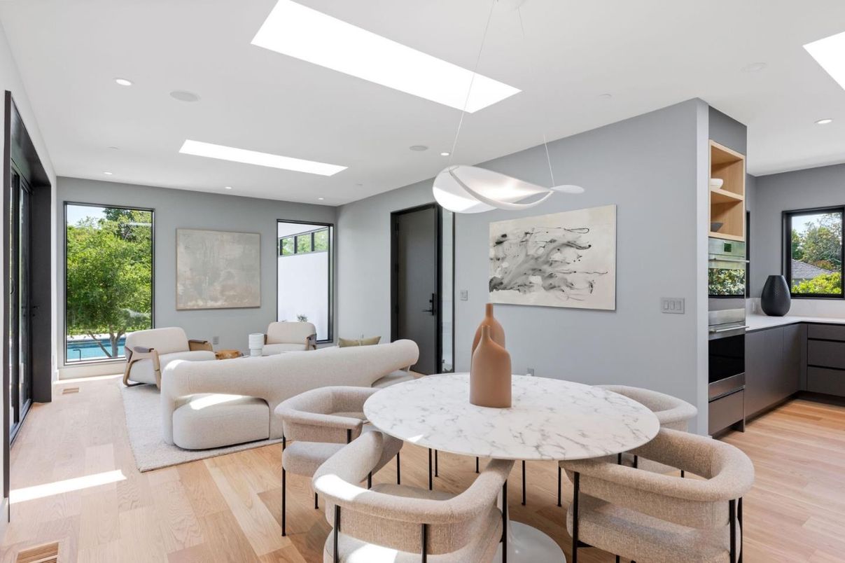 Dining room, Interior, Living room, Pendant Lights, Recessed Lighting, Wood Texture Flooring