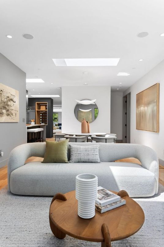 Dining room, Interior, Living room, Recessed Lighting, Wood Texture Flooring