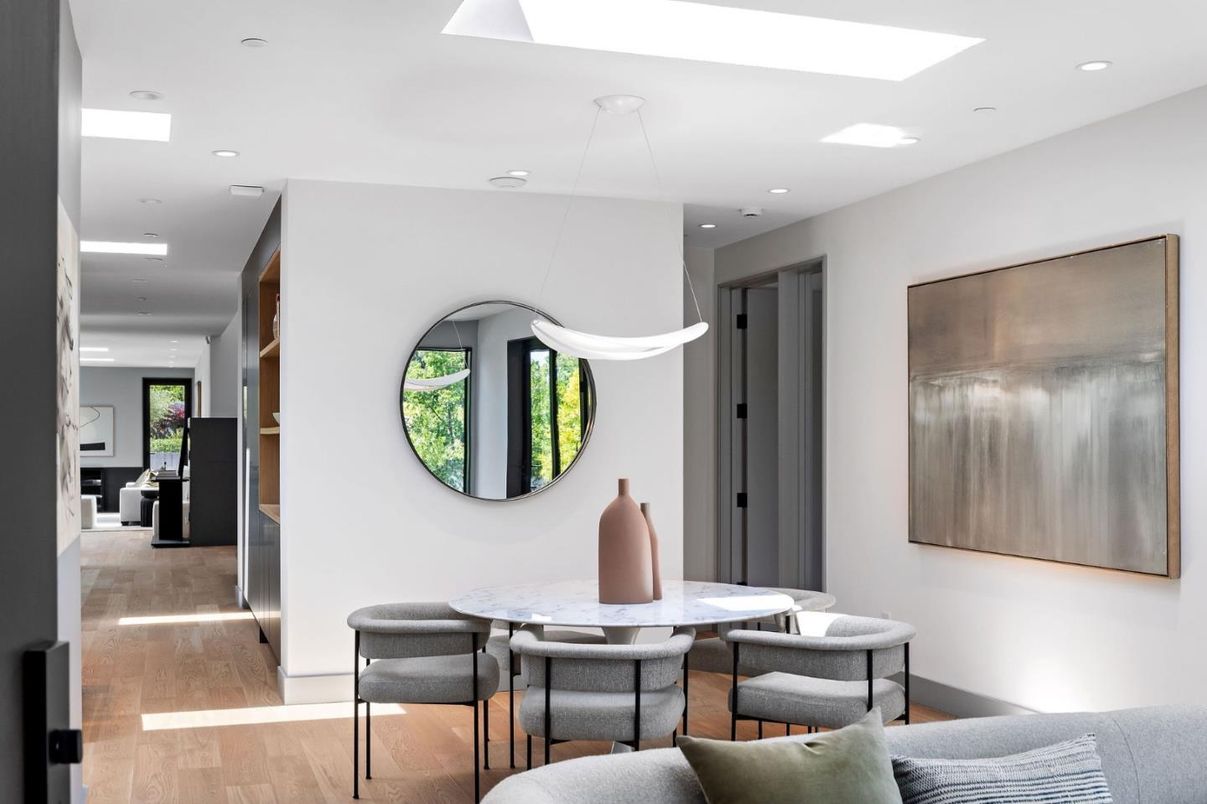 Dining room, Interior, Pendant Lights, Recessed Lighting, Wood Texture Flooring