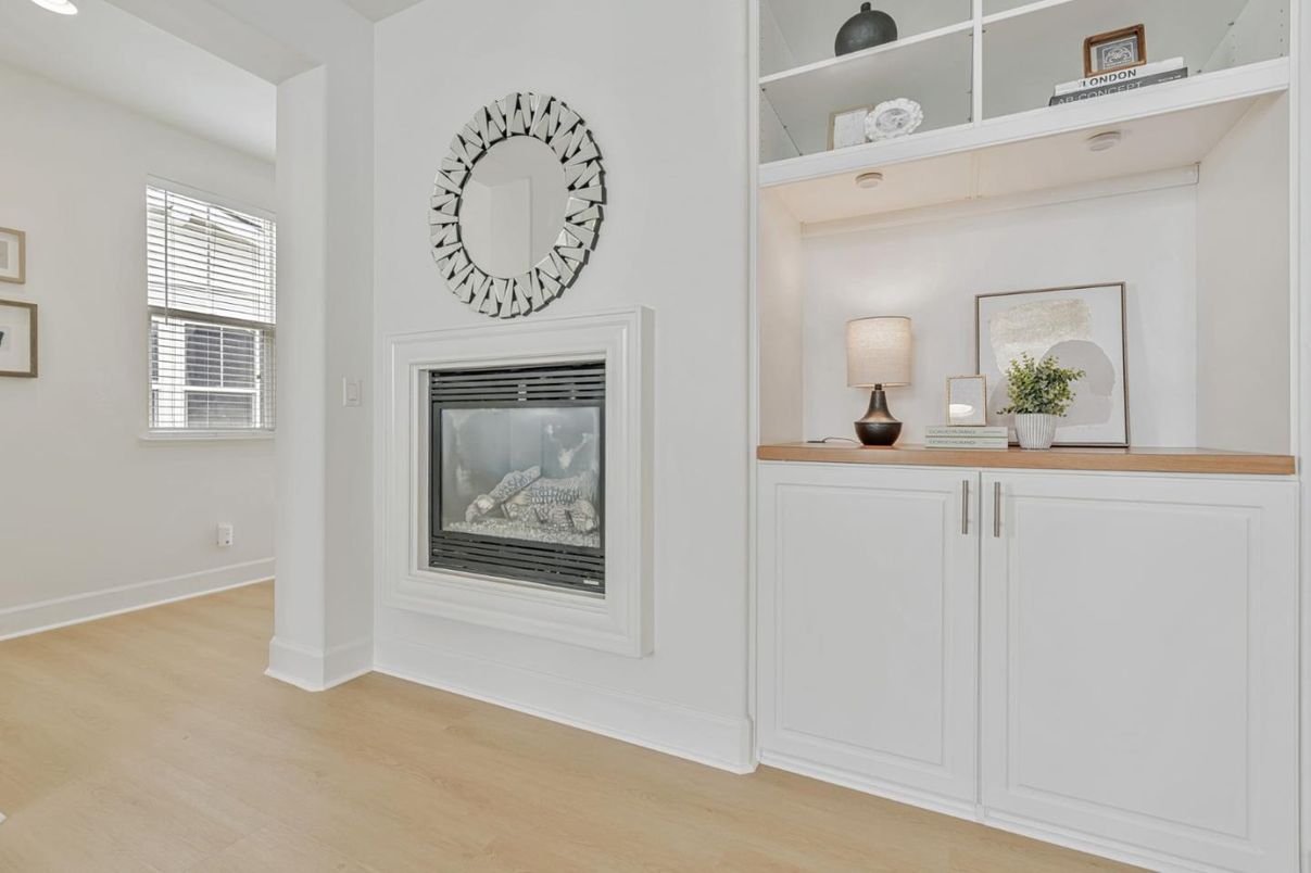 Fireplace, Interior, Recessed Lighting, Wood Texture Flooring