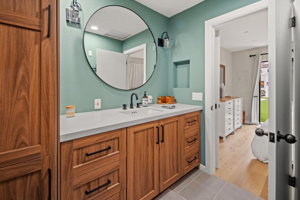 Bathroom, Dual Sink Vanities, Interior, Recessed Lighting, Wood Texture Flooring
