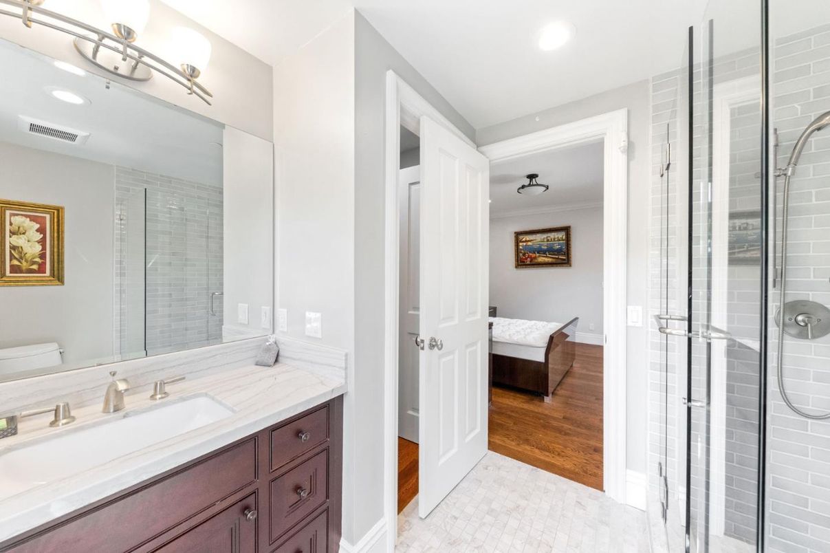 Bathroom, Glass Shower, Interior, Recessed Lighting, Wood Texture Flooring
