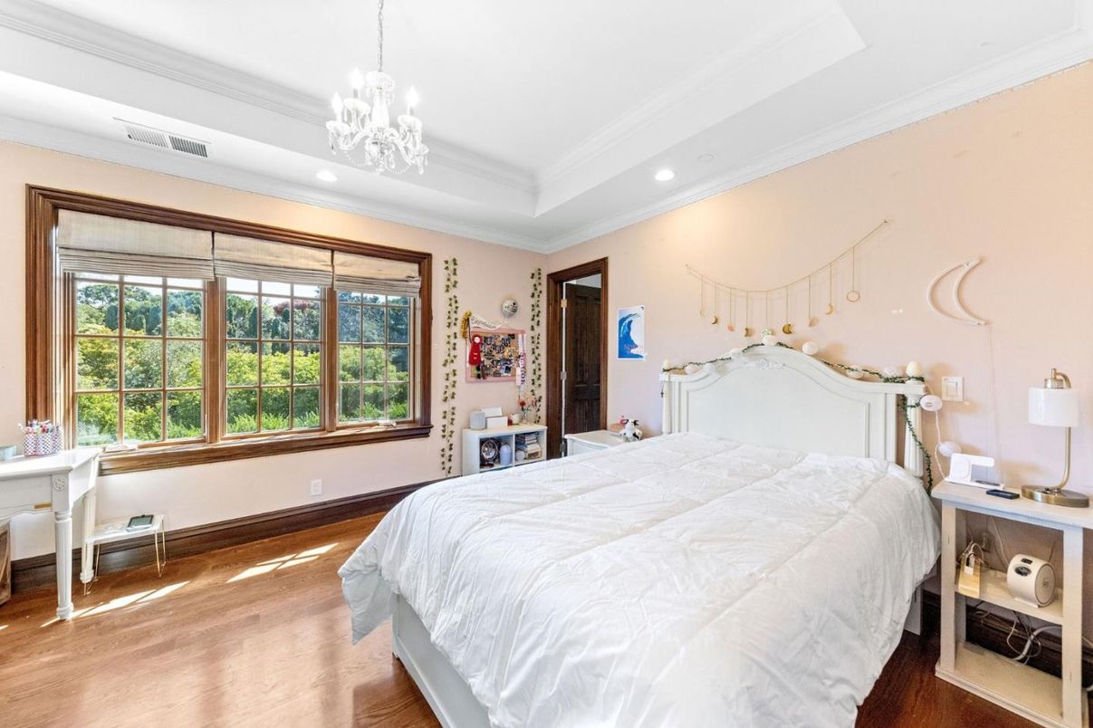 Bedroom, Chandelier, Interior, Recessed Lighting, Wood Texture Flooring