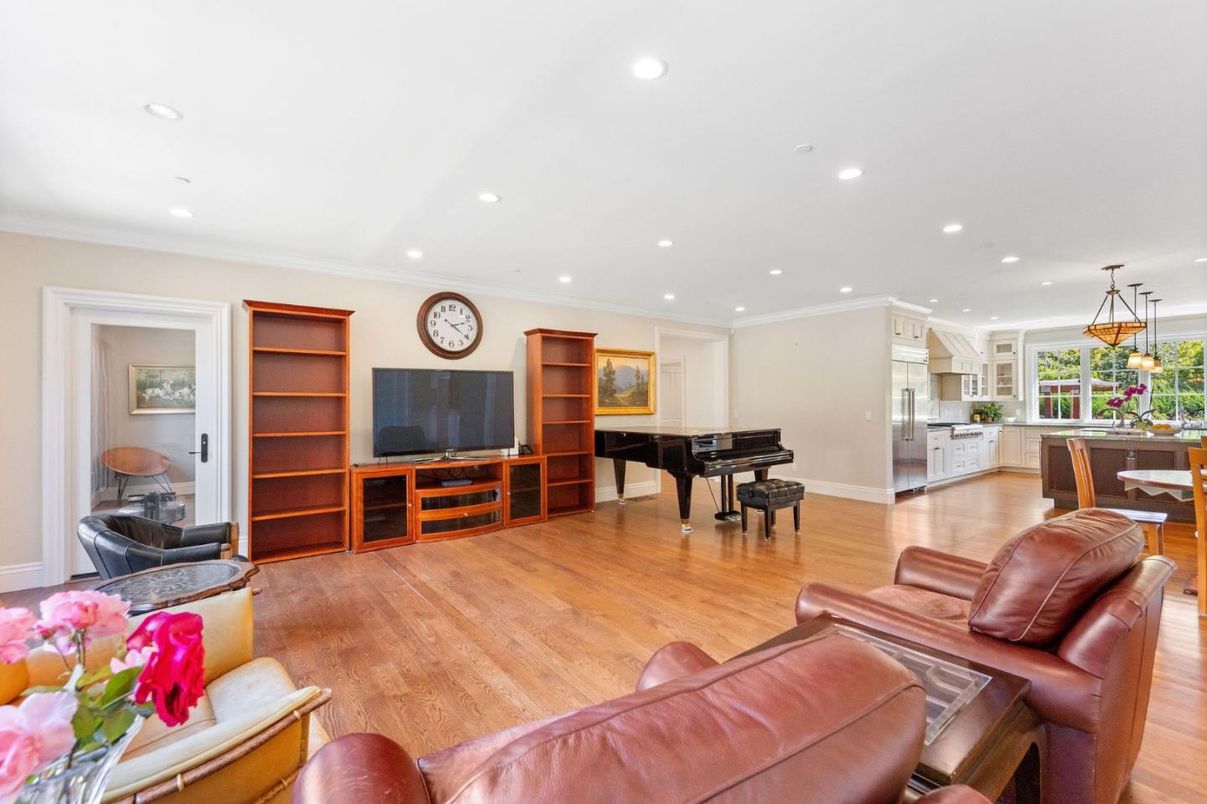 Dining room, Interior, Kitchen, Living room, Pendant Lights, Piano, Recessed Lighting, Wood Texture Flooring