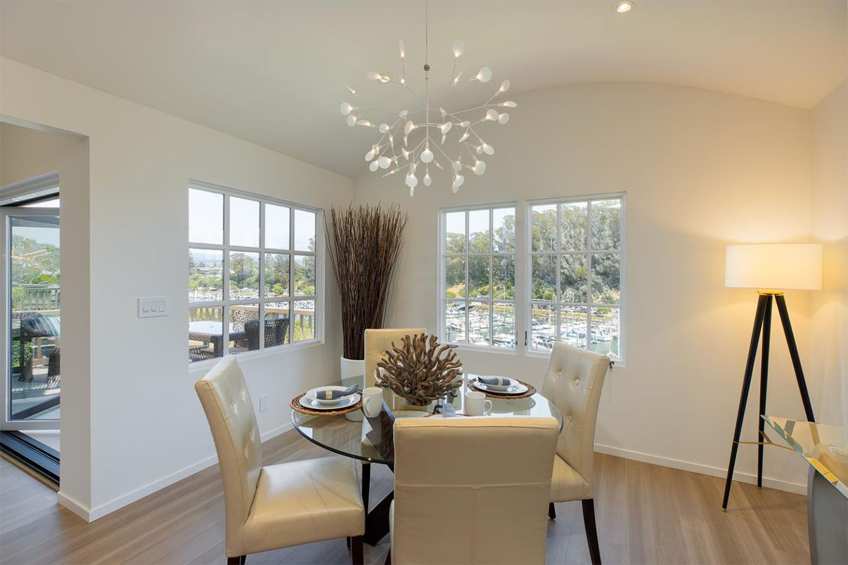 Dining room, Interior, Pendant Lights, Recessed Lighting, Wood Texture Flooring