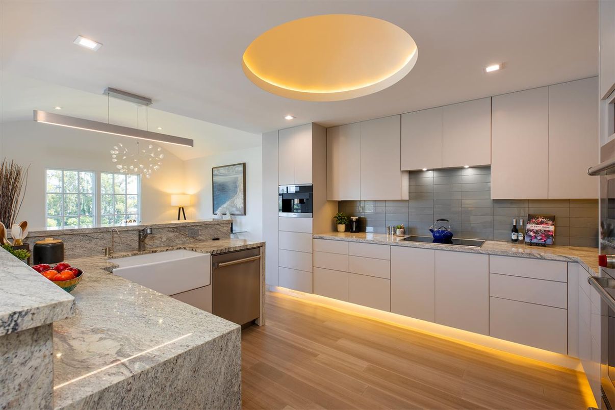 Interior, Kitchen, Pendant Lights, Recessed Lighting, Stainless Steel Appliances, Wood Texture Flooring