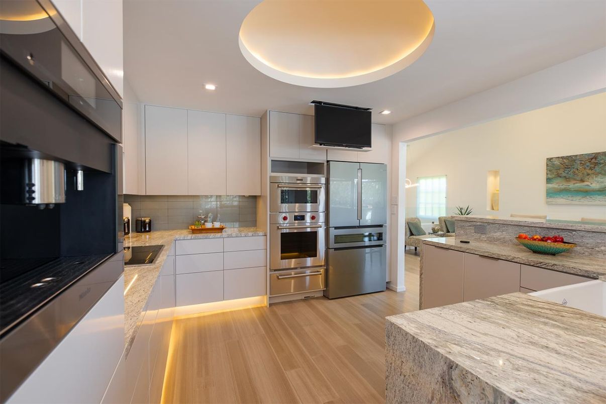 Interior, Kitchen, Recessed Lighting, Stainless Steel Appliances, Wood Texture Flooring