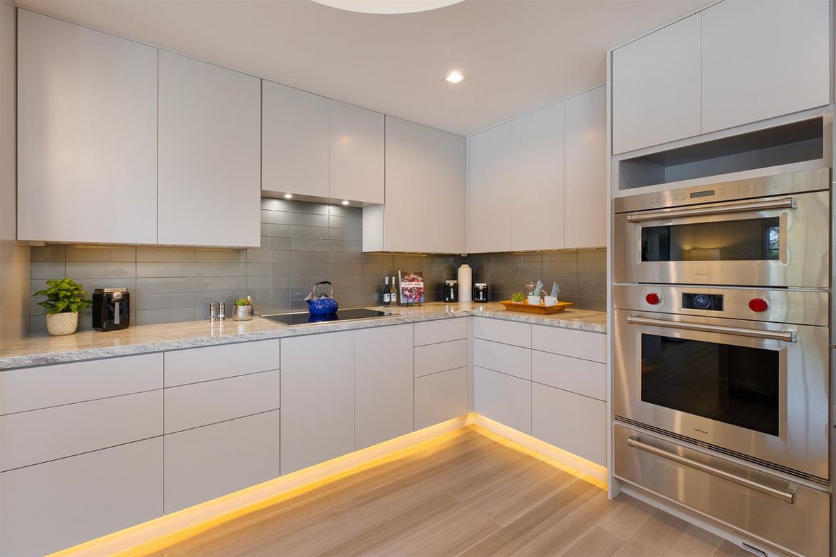 Interior, Kitchen, Recessed Lighting, Stainless Steel Appliances, Wood Texture Flooring