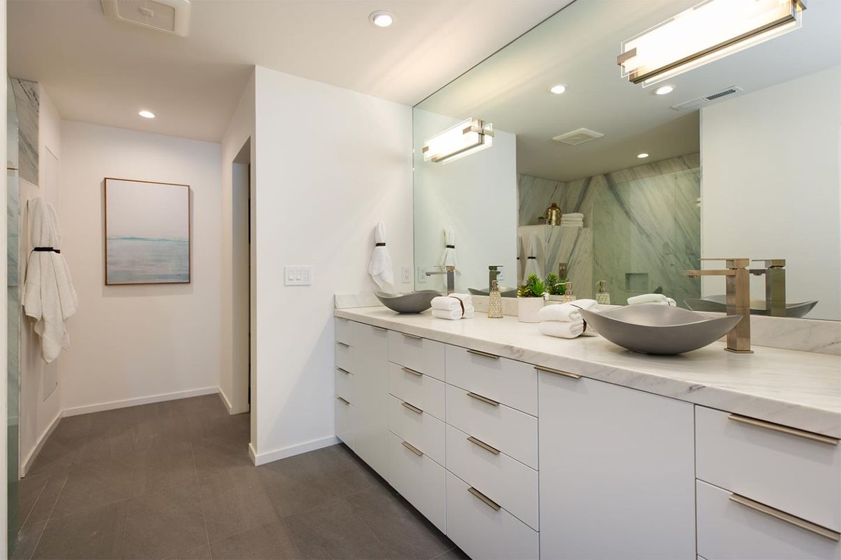Bathroom, Dual Sink Vanities, Interior, Marble Walls, Recessed Lighting