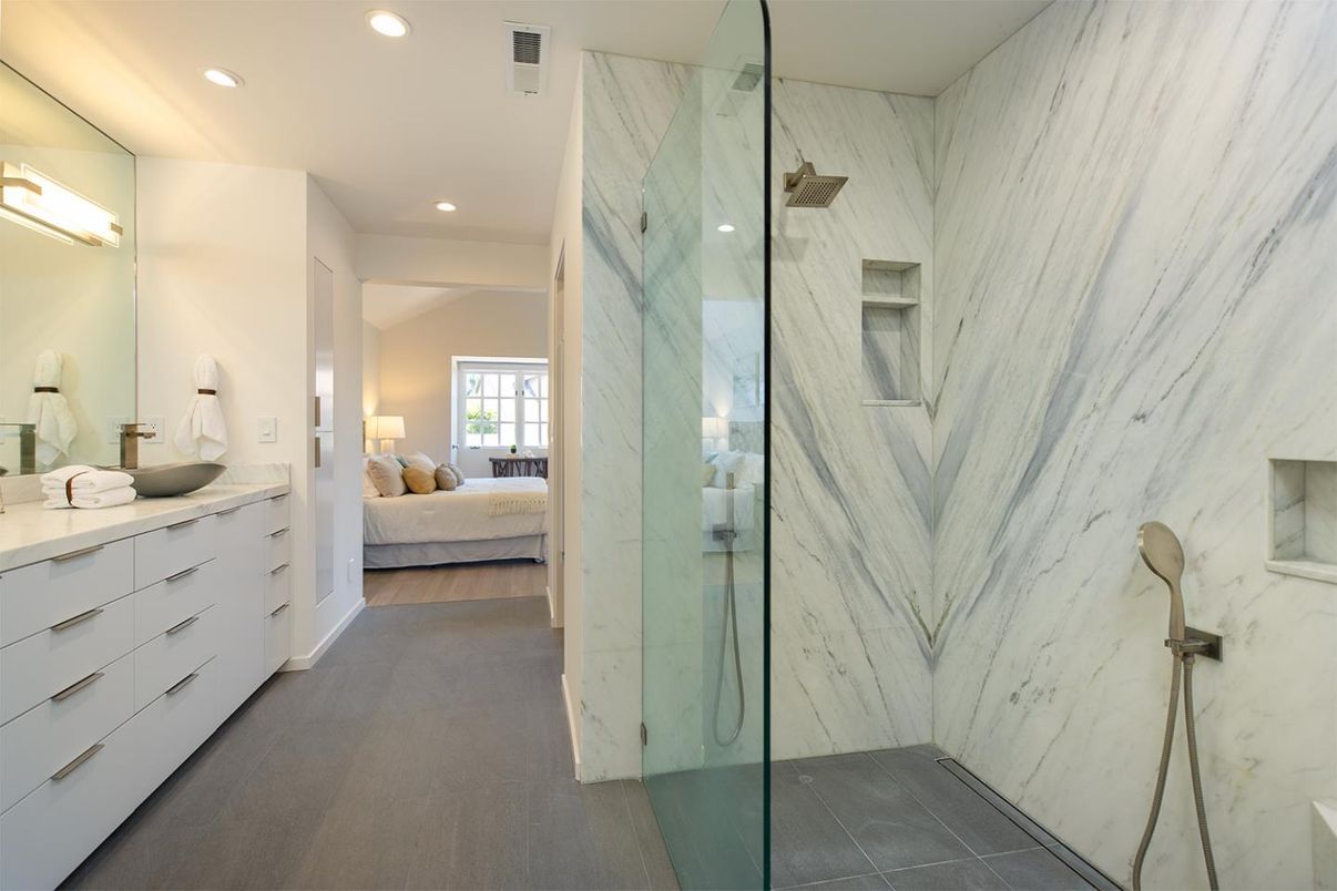 Bathroom, Bedroom, Dual Sink Vanities, Glass Shower, Interior, Marble Walls, Recessed Lighting