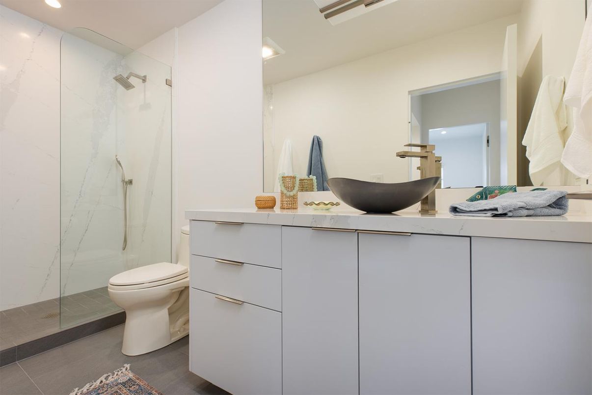 Bathroom, Glass Shower, Interior, Marble Walls, Recessed Lighting