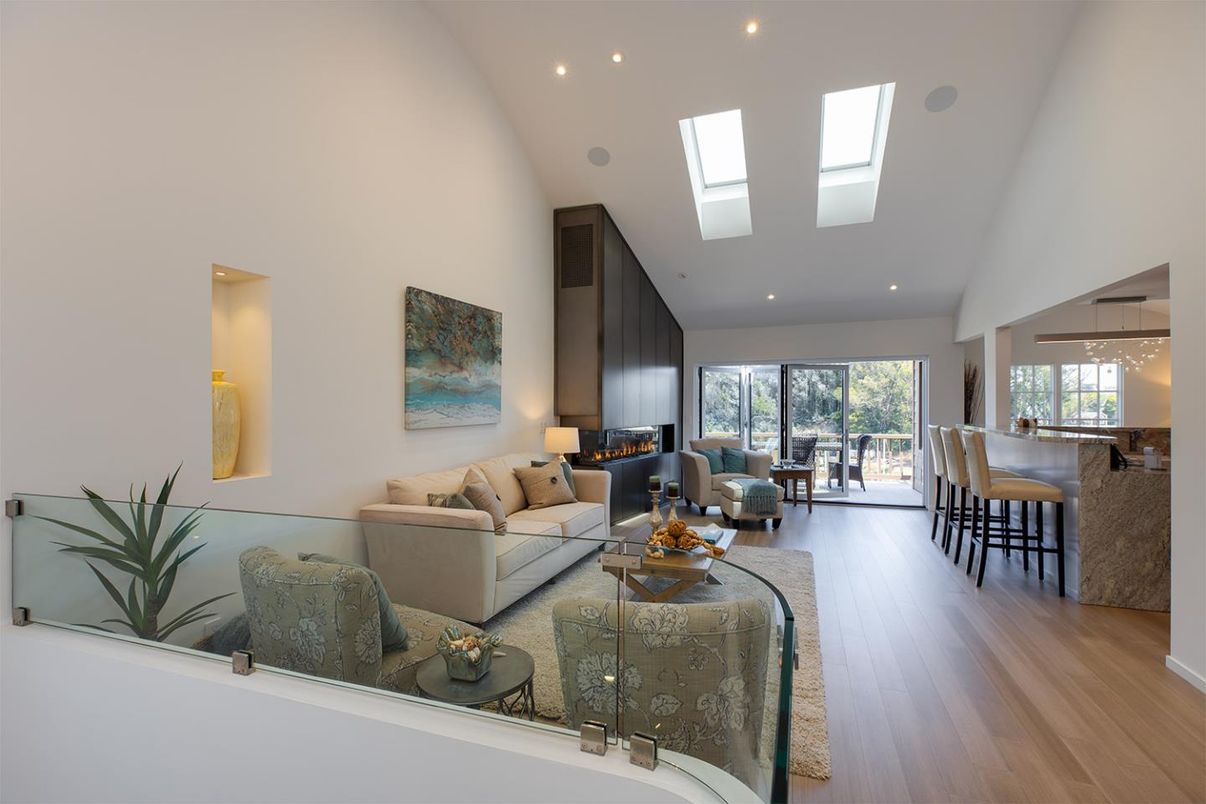 Fireplace, Interior, Living room, Recessed Lighting, Wood Texture Flooring