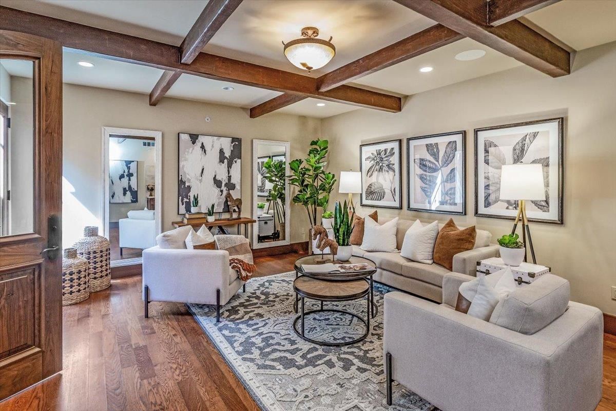 Interior, Living room, Recessed Lighting, Wooden Beams, Wood Texture Flooring