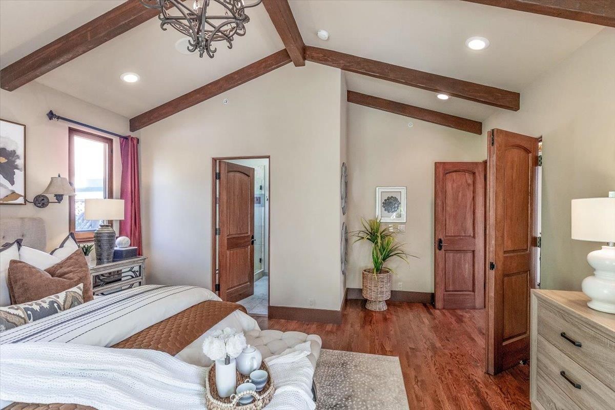 Bedroom, Interior, Recessed Lighting, Wooden Beams, Wood Texture Flooring