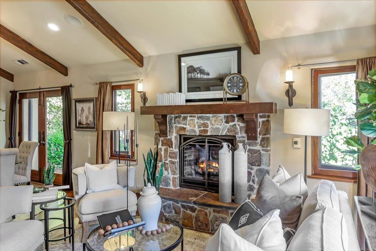 Fireplace, Interior, Living room, Recessed Lighting, Wooden Beams