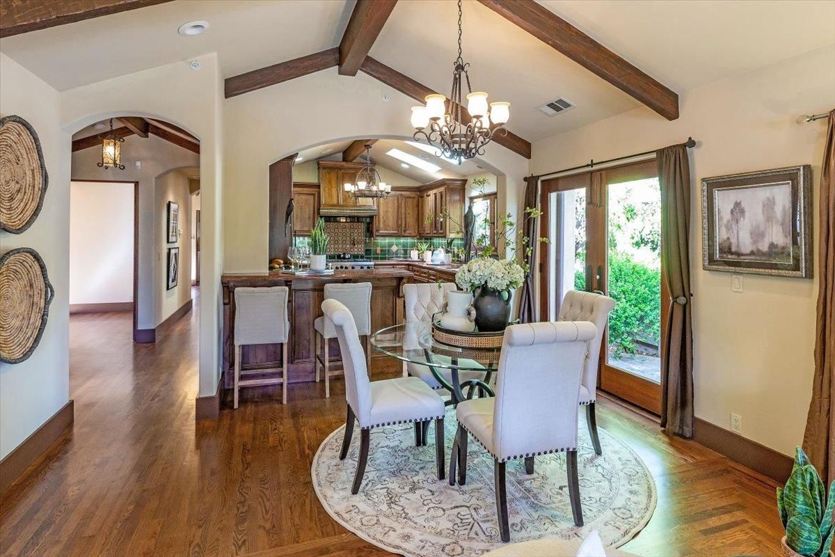 Chandelier, Dining room, Interior, Kitchen, Recessed Lighting, Wooden Beams, Wood Texture Flooring