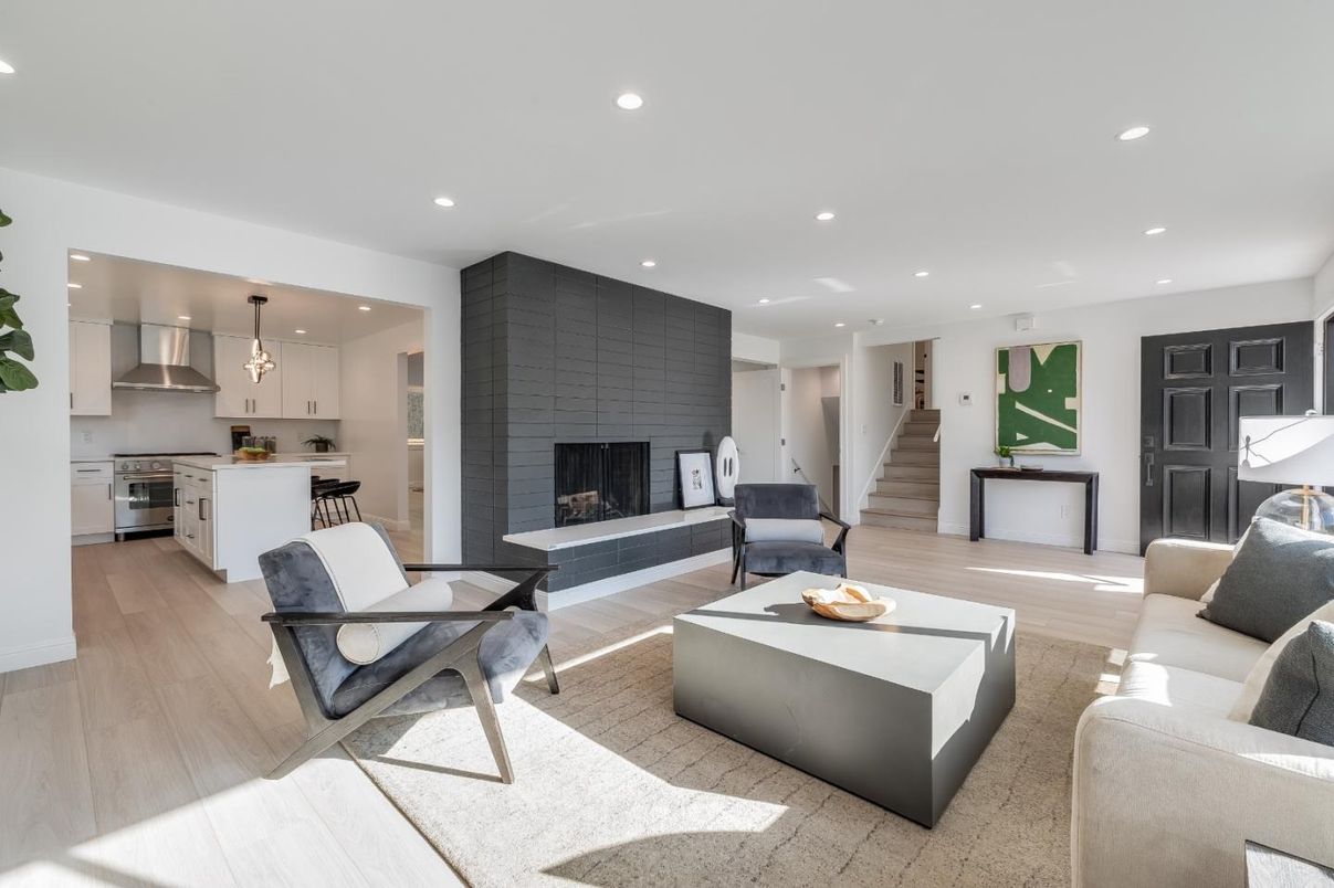 Fireplace, Interior, Kitchen, Living room, Pendant Lights, Recessed Lighting, Stainless Steel Appliances, Wood Texture Flooring