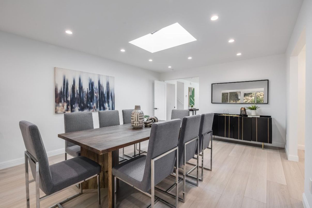 Dining room, Interior, Recessed Lighting, Wood Texture Flooring