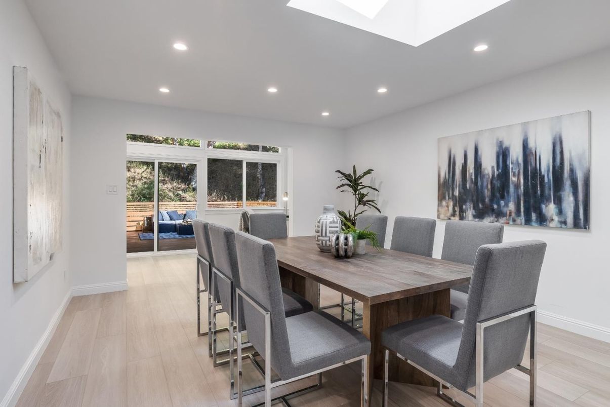 Dining room, Interior, Recessed Lighting, Wood Texture Flooring