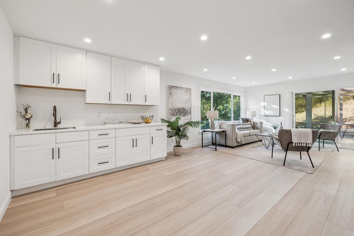 Dining room, Interior, Kitchen, Living room, Recessed Lighting, Wood Texture Flooring