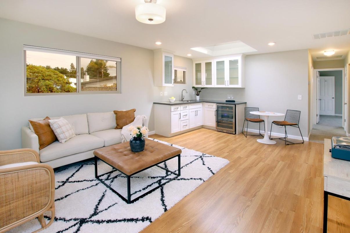 Dining room, Interior, Kitchen, Living room, Recessed Lighting, Wood Texture Flooring