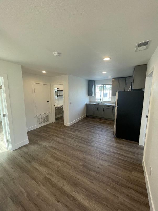 Empty room, Interior, Kitchen, Recessed Lighting, Wood Texture Flooring