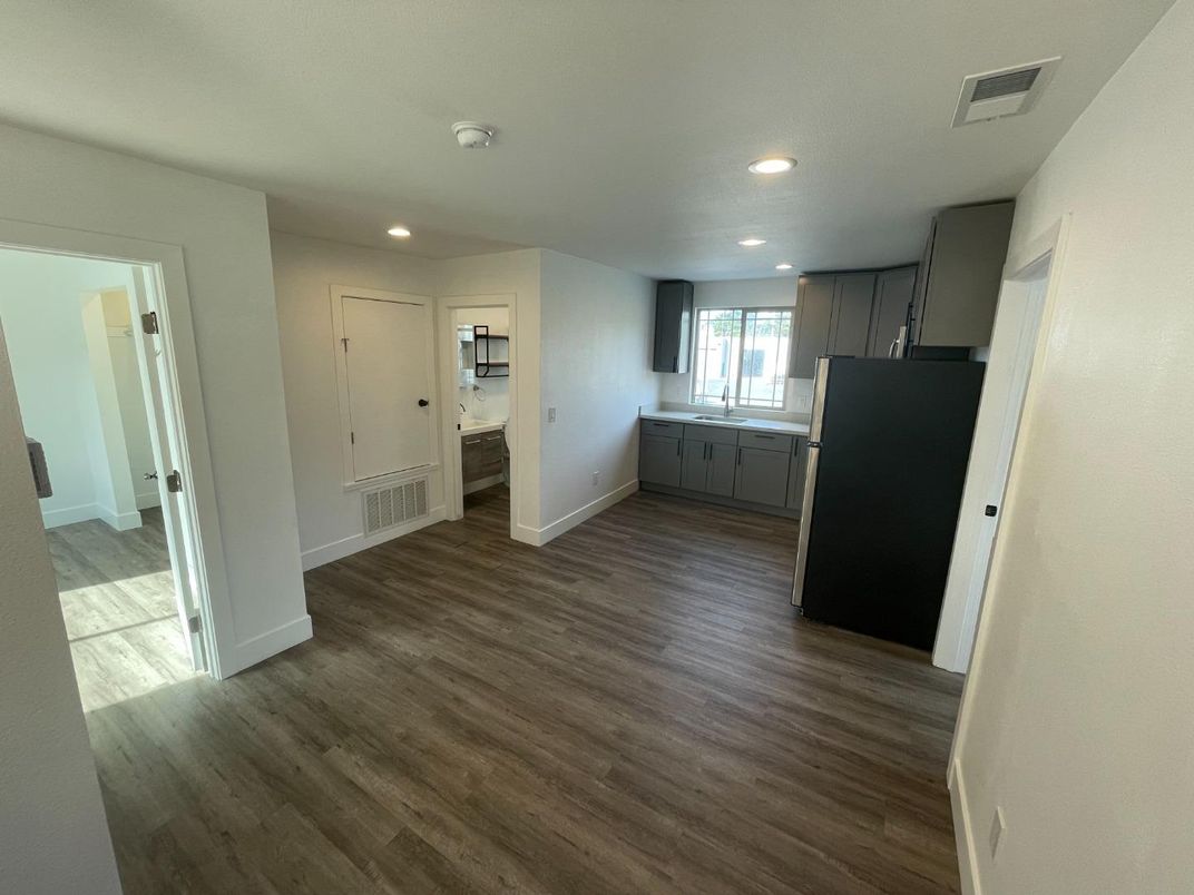 Empty room, Interior, Kitchen, Recessed Lighting, Wood Texture Flooring