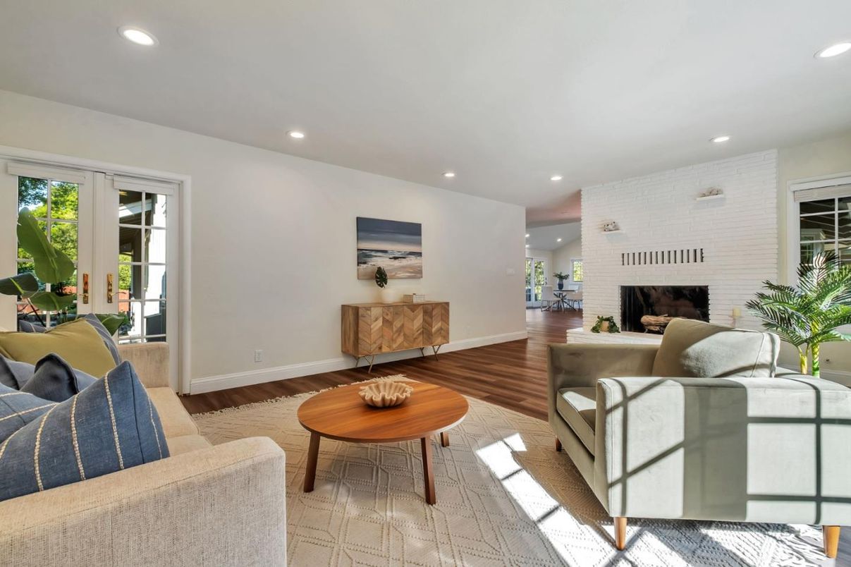 Fireplace, Interior, Living room, Recessed Lighting, Stone Walls, Wood Texture Flooring