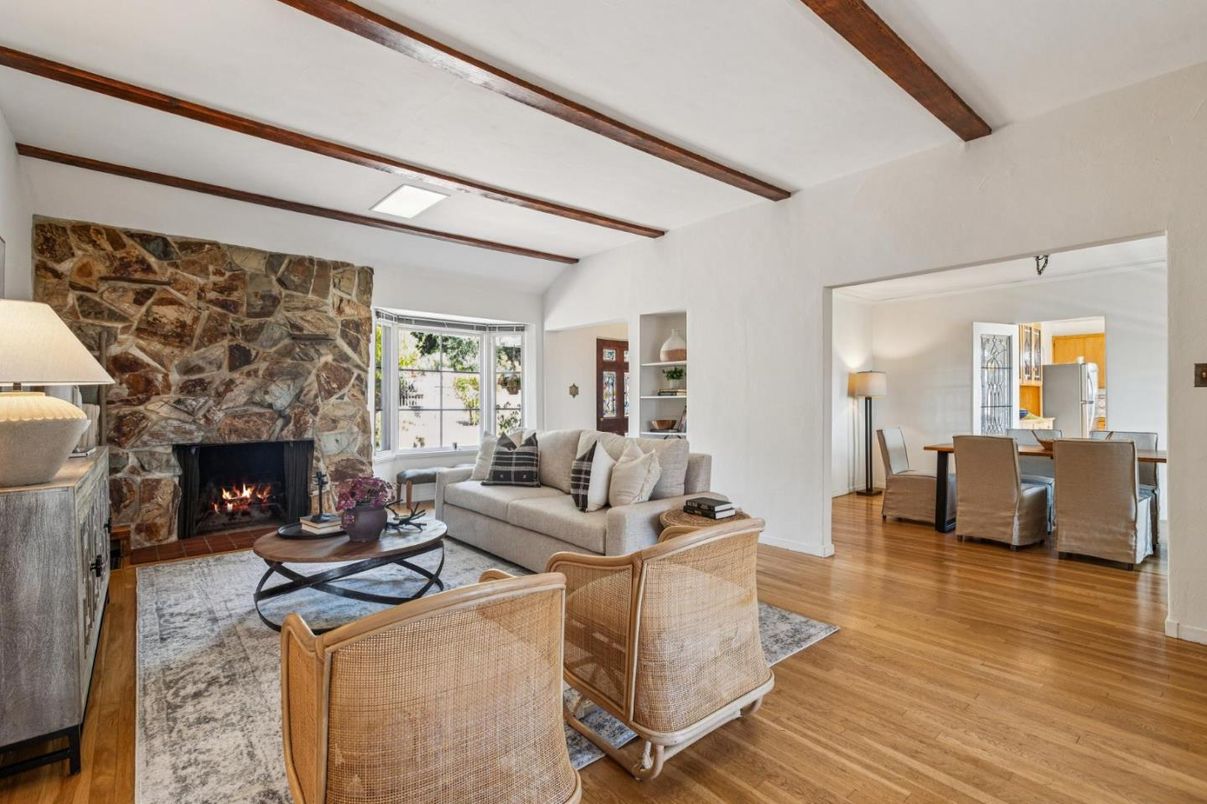 Dining room, Fireplace, Interior, Living room, Stone Walls, Wooden Beams, Wood Texture Flooring